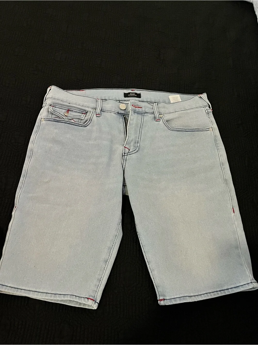 True Religion Light Blue Denim Shorts with Red Stitching